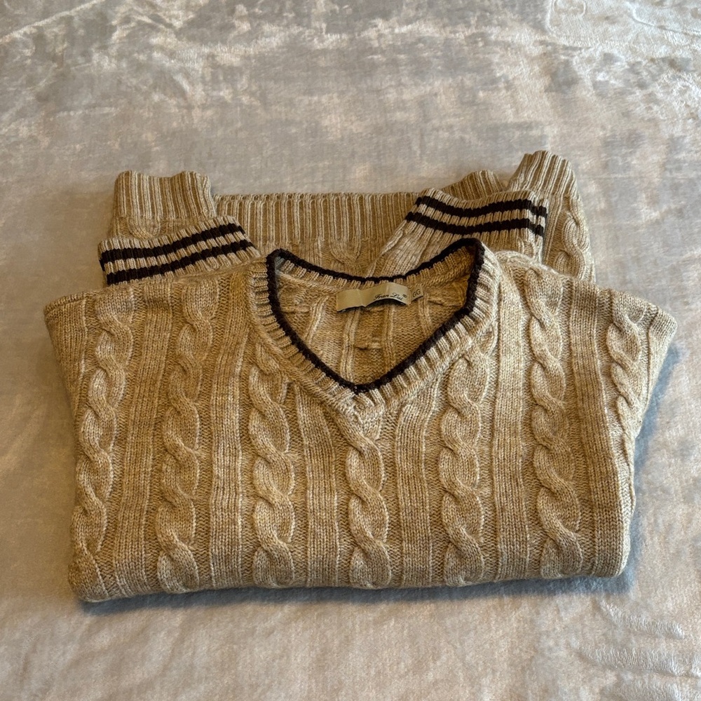 Fran Lui Men's Beige and Brown Cable Knit V-Neck Sweater Wool Blend Size L EUC